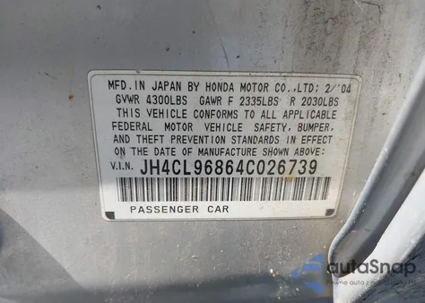 2004 Acura Tsx from USA, damaged, VIN JH4CL96864C026739